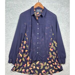 Maeve Anthropologie Navy Blue Floral Print Pleated‎ Sheer Button Up Shirt Size 2